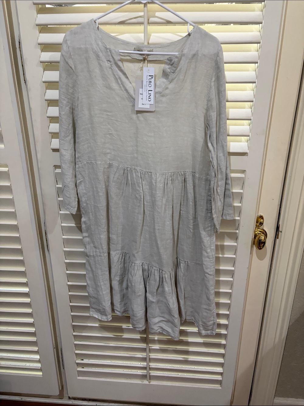 Puro Lino Women's Light Gray Linen Tiered Dress. Small NWT